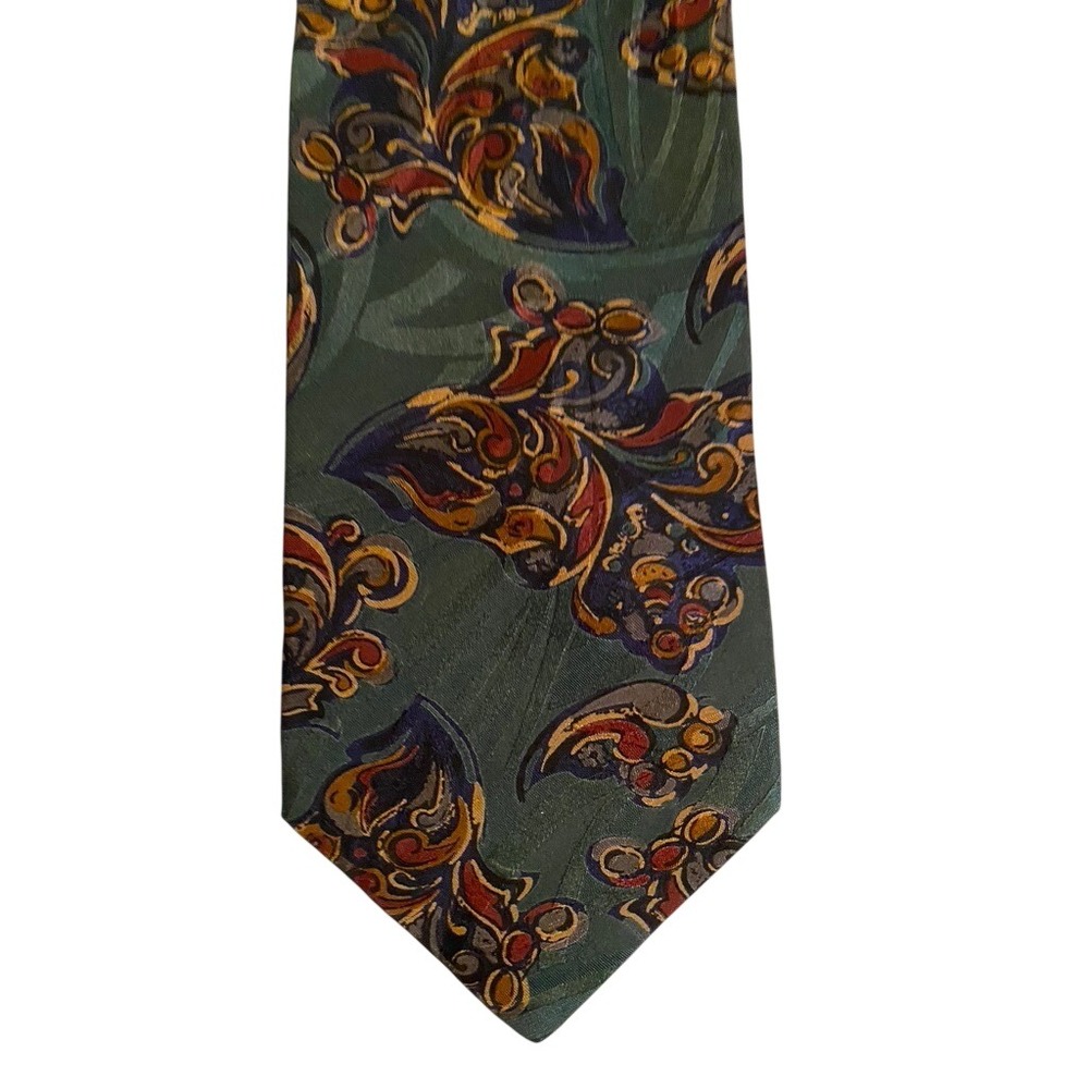 Ports International Mens Silk Tie Green Abstract Paisley Butterfly Hand Made